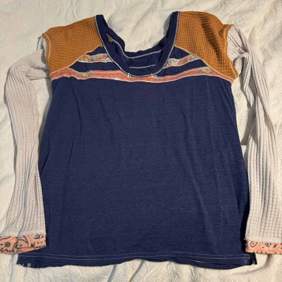 Free People Mixed Media Patchwork Embroidered Thermal Long Sleeve Shirt Top - Picture 4 of 6